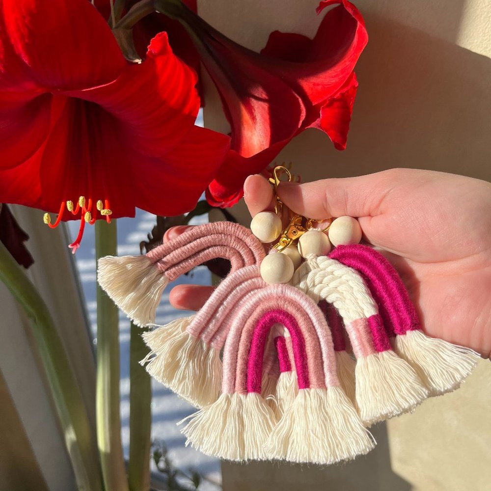 Handmade Macrame Rainbow Keychain, Bag Purse / Car Charm, Valentine's Day Gift